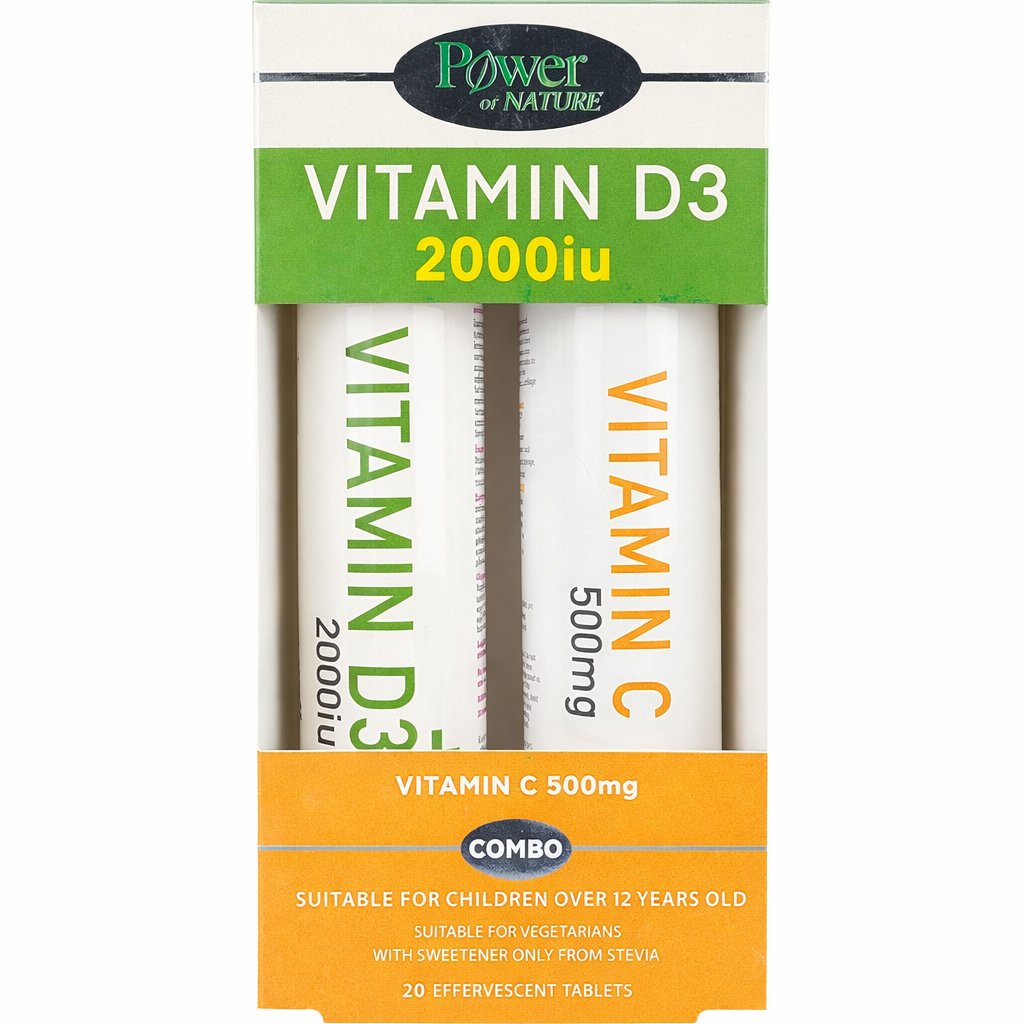 Power Health Promo Vitamin D3 2000iu Stevia 20 Effer.tabs & Vitamin C 500mg 20 Effer.tabs 1+1 Δώρο,Συμπλήρωμα Διατροφής Βιταμίνης D3 για Απορρόφηση του Ασβεστίου & Βιταμίνη C για Ενίσχυση της Άμυνας του Οργανισμού
