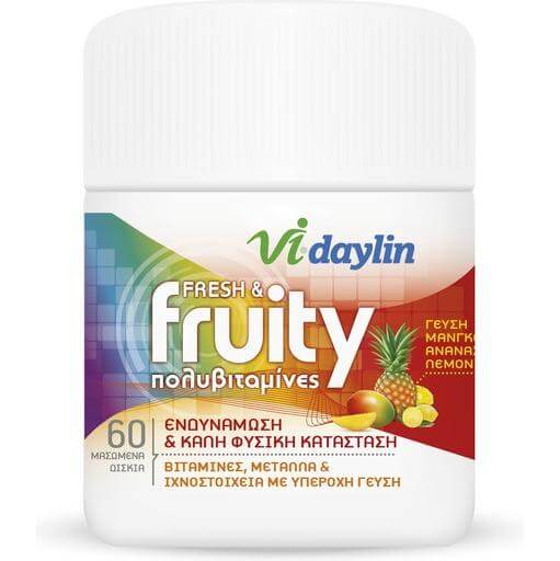 Abbott Vi-daylin Fresh & Fruity Πολυβιταμινούχα Μασώμενα Δισκία με Γεύση Μάνγκο, Λεμόνι, Ανανά 60Chew Tabs