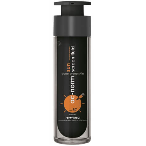 Frezyderm Ac-Norm Sun Screen Fluid Spf50+, Ενεργή Αντηλιακή Υγρή Κρέμα με Ειδική Μαύρη Χρώση για Ακνεϊκές Επιδερμίδες 50ml