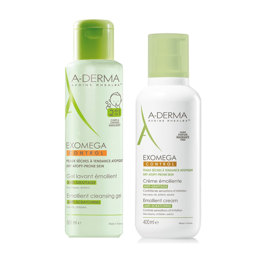 A-Derma Exomega Combo Gel Lavant Emollient 2 en 1 Ενυδατικό Ζελ Καθαρισμού 500ml & Emollient Cream Μαλακτική Κρέμα 400ml