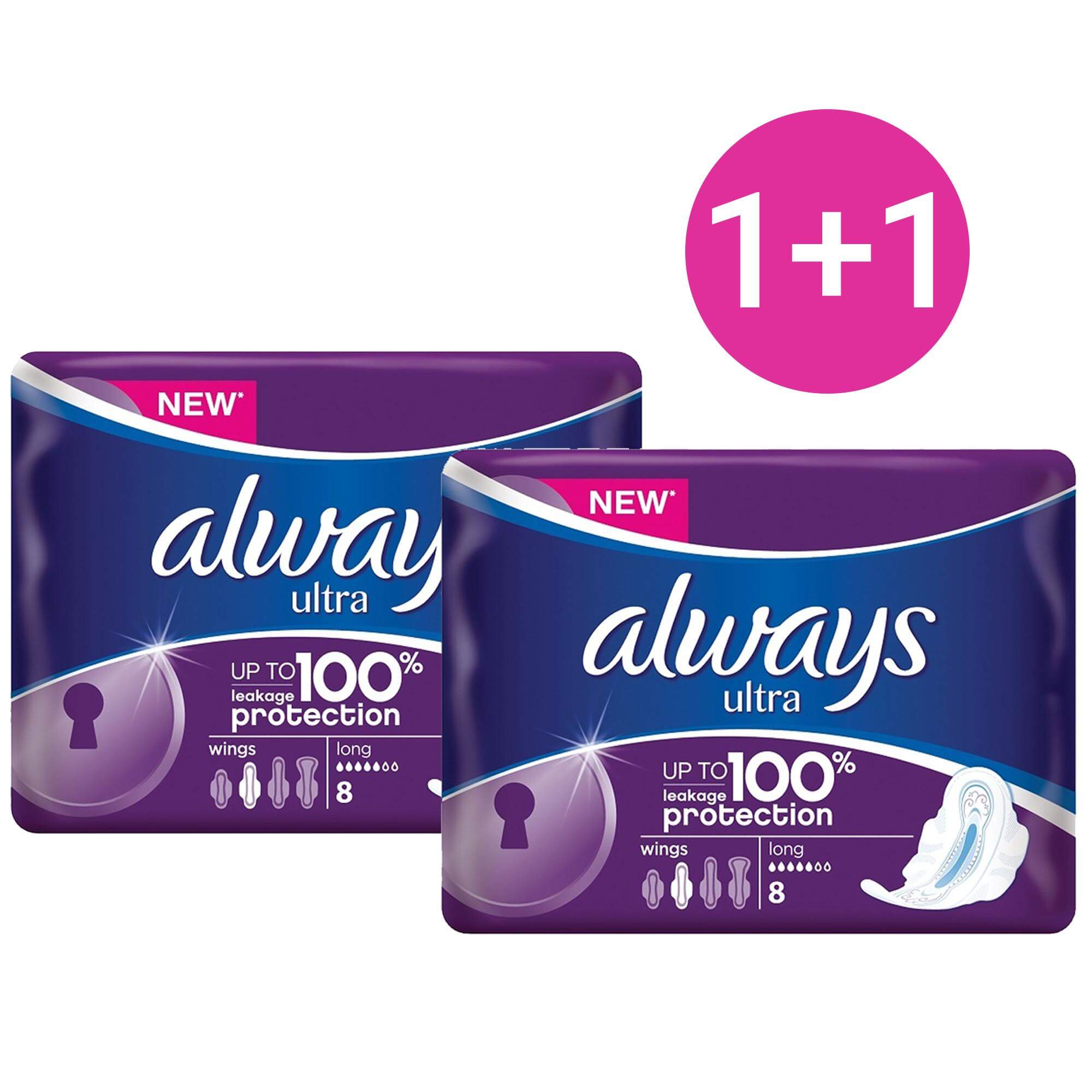 Always Πακέτο Προσφοράς Ultra Long Plus Έως 100% Προστασία από Διαρροές 8 Τεμάχια 1+1 Δώρο