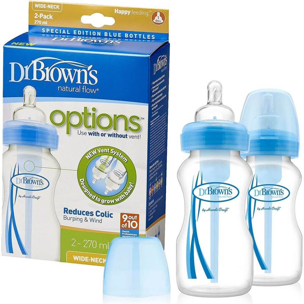 Dr. Browns Natural Flow Options Πλαστικό Μπιμπερό με Φαρδύ Λαιμό & Θηλή Σιλικόνης, Μπλε Χρώμα 2x270ml WB 92405