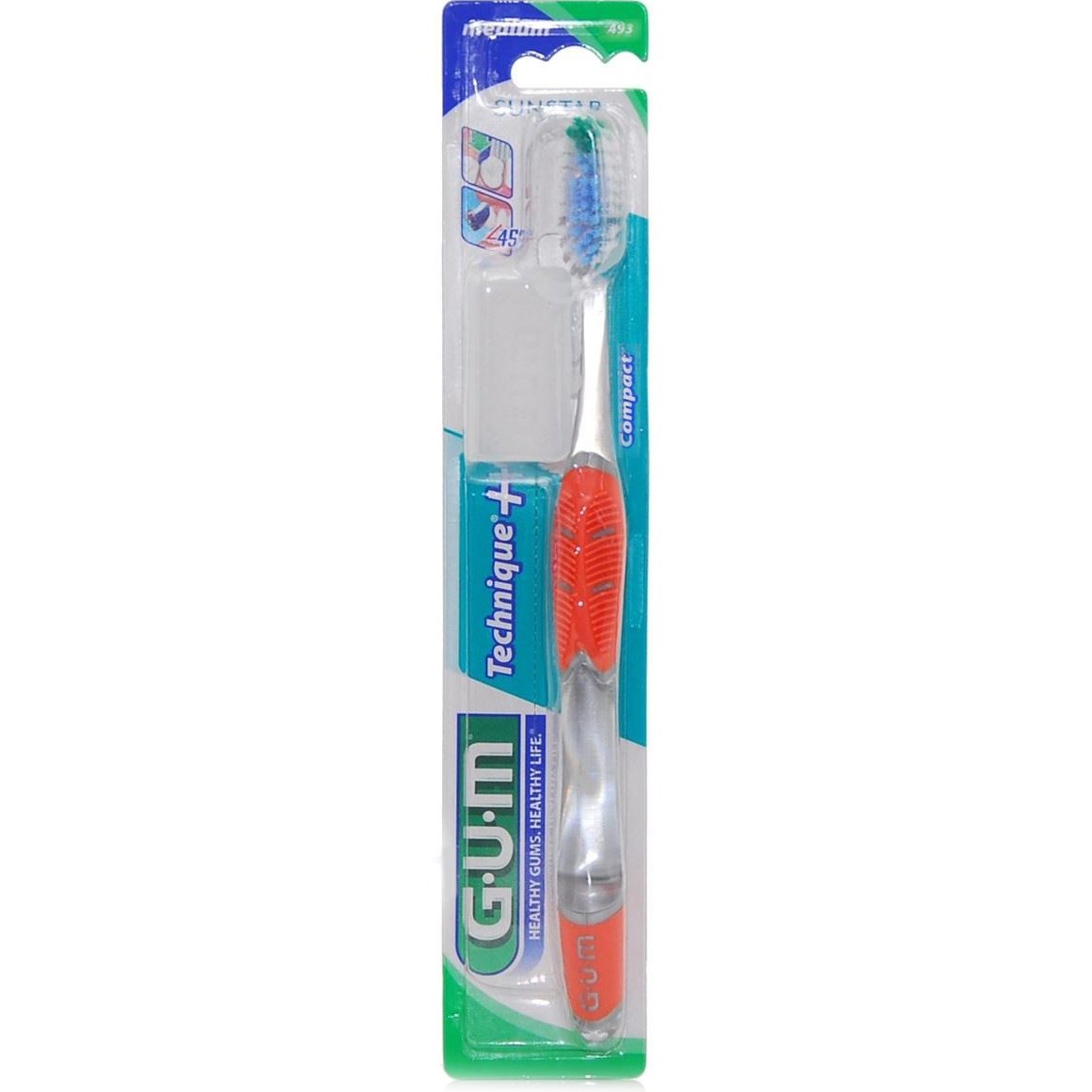 Gum Gum Technique+ Compact Medium Toothbrush Χειροκίνητη Οδοντόβουρτσα Μέτρια με Θήκη Προστασίας 1 Τεμάχιο, Κωδ 493 - Πορτοκαλί