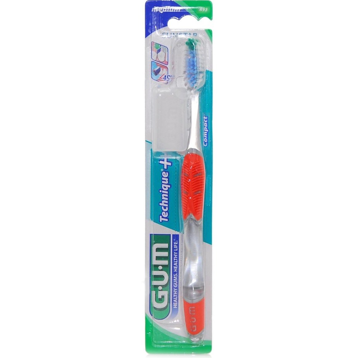 Gum Gum Technique+ Compact Medium Toothbrush Χειροκίνητη Οδοντόβουρτσα Μέτρια με Θήκη Προστασίας 1 Τεμάχιο, Κωδ 493 - Κόκκινο