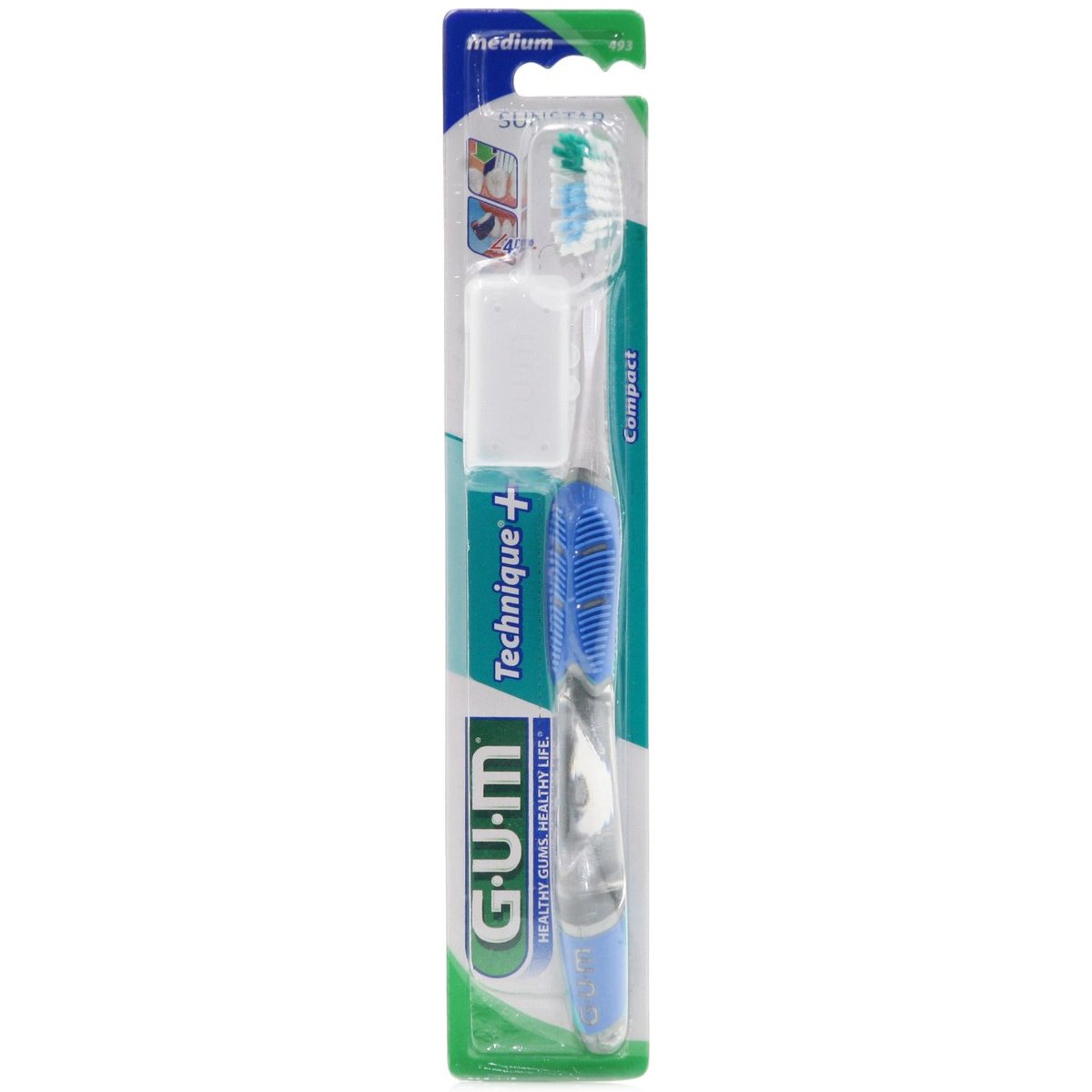 Gum Technique+ Compact Medium Toothbrush Χειροκίνητη Οδοντόβουρτσα Μέτρια με Θήκη Προστασίας 1 Τεμάχιο, Κωδ 493 – Μπλε