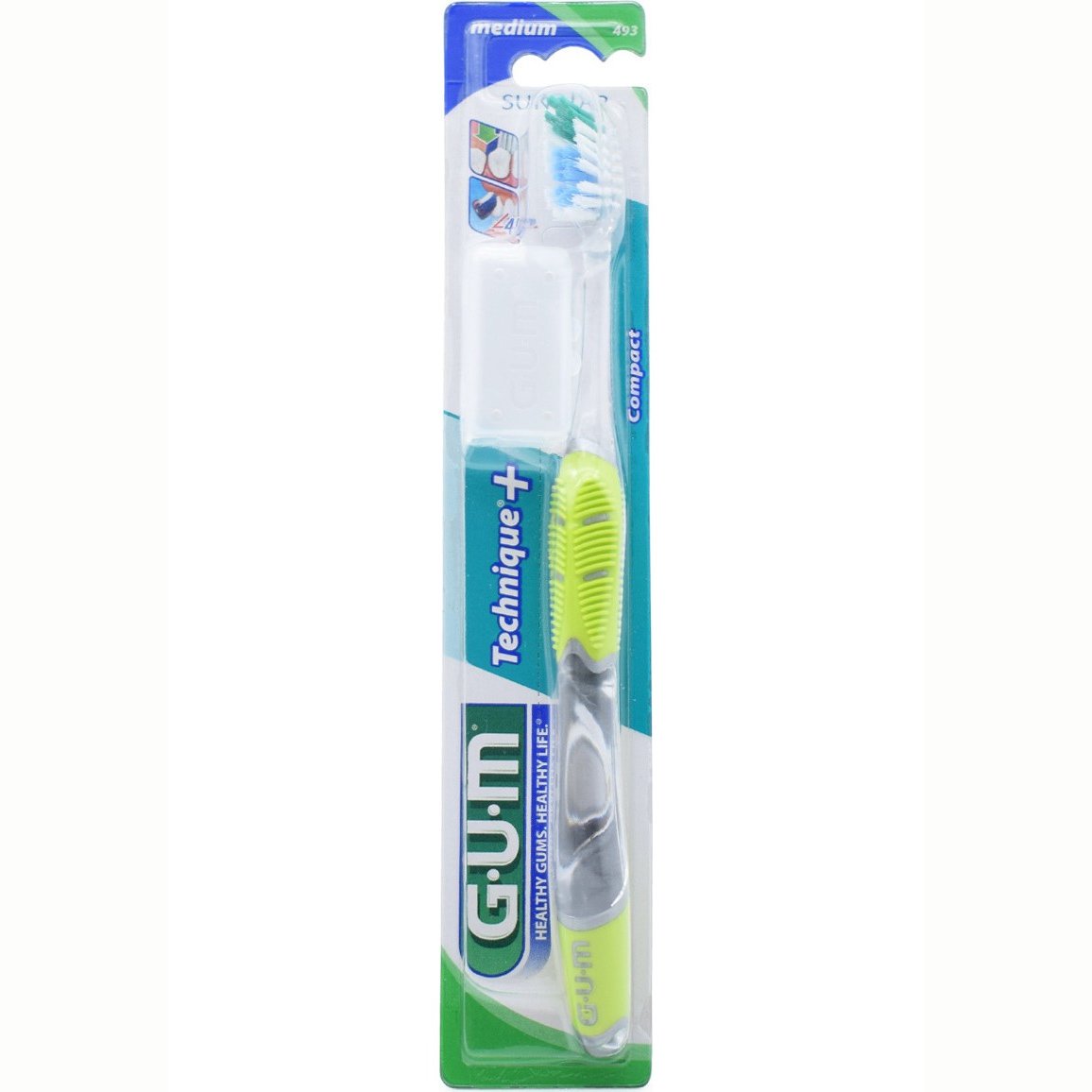Gum Gum Technique+ Compact Medium Toothbrush Χειροκίνητη Οδοντόβουρτσα Μέτρια με Θήκη Προστασίας 1 Τεμάχιο, Κωδ 493 - Πράσινο