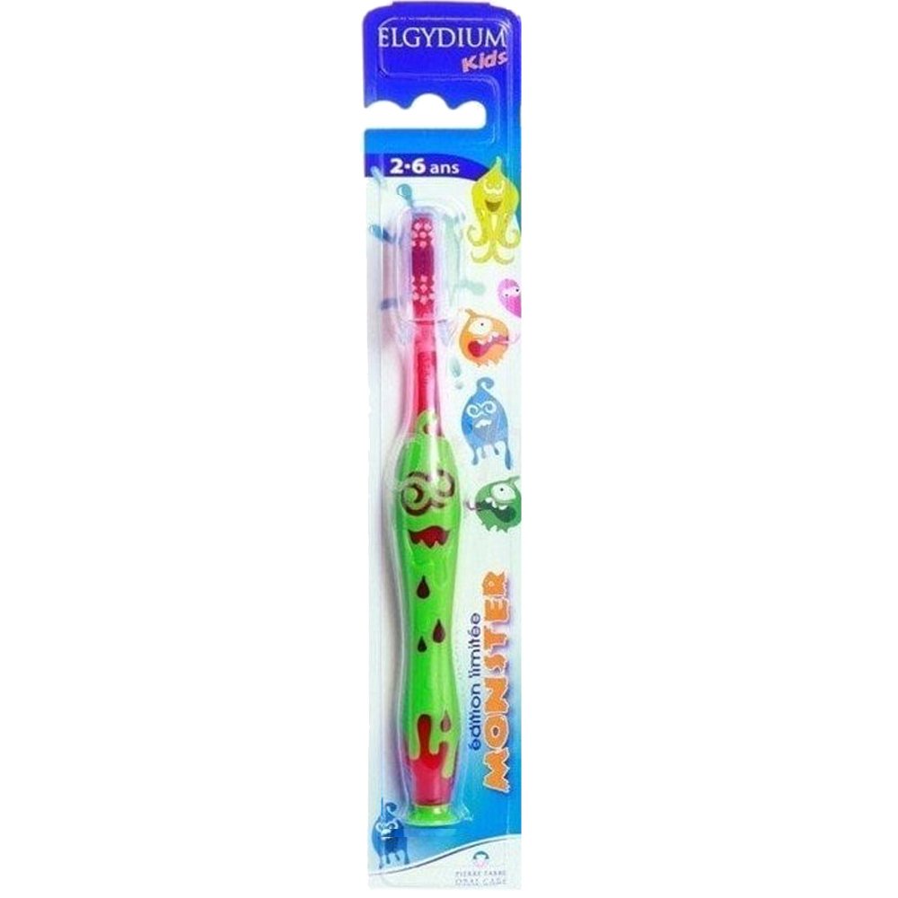 Elgydium Monster Soft 2/6 Years Παιδική Χειροκίνητη Μαλακή Οδοντόβουρτσα για Προστασία των Ευαίσθητων Ούλων & Δοντιών 1 Τεμάχιο – Πράσινο – Κόκκινο