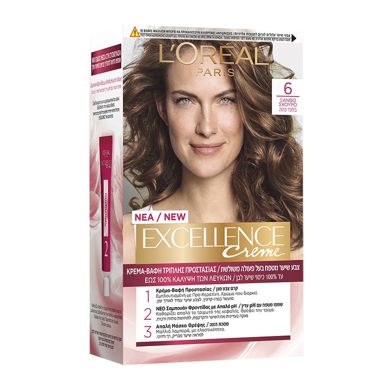 L’oreal Paris Excellence Creme Permanent Hair Color Kit Μόνιμη Κρέμα Βαφή Μαλλιών με Τριπλή Προστασία & Κάλυψη των Λευκών 1 Τεμάχιο – 6.0 Ξανθό Σκούρο