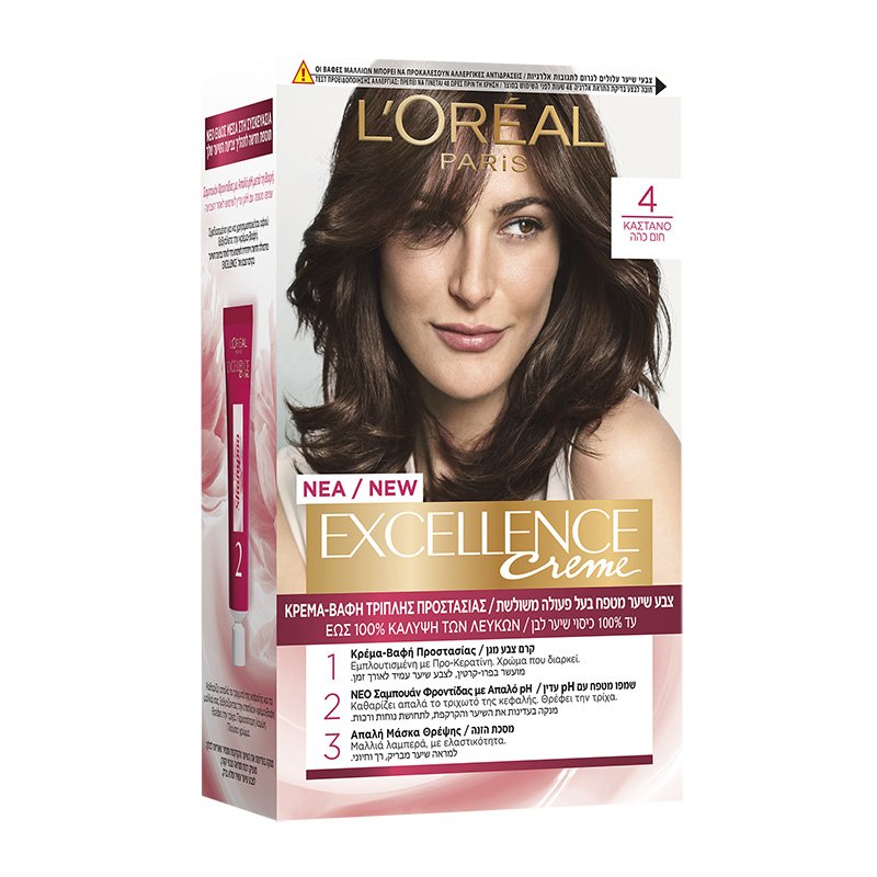 L’oreal Paris Excellence Creme Permanent Hair Color Kit Μόνιμη Κρέμα Βαφή Μαλλιών με Τριπλή Προστασία & Κάλυψη των Λευκών 1 Τεμάχιο – 4 Καστανό