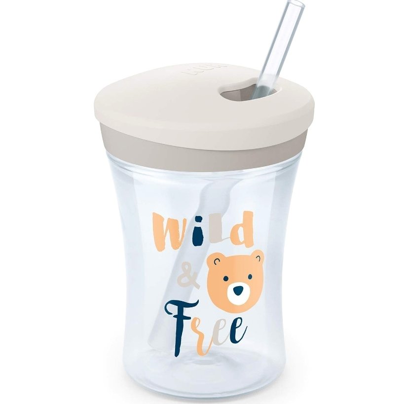 Nuk Action Cup Ποτηράκι με Καλαμάκι και Βυδωτό Καπάκι 12+m, 230ml – γκρι