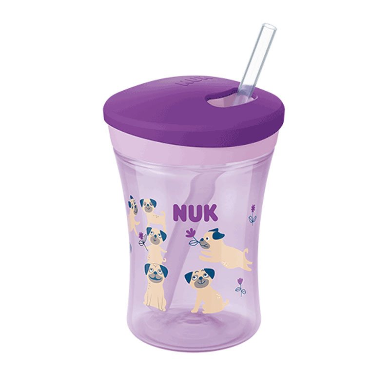 Nuk Action Cup Ποτηράκι με Καλαμάκι και Βυδωτό Καπάκι 12+m, 230ml – Μωβ