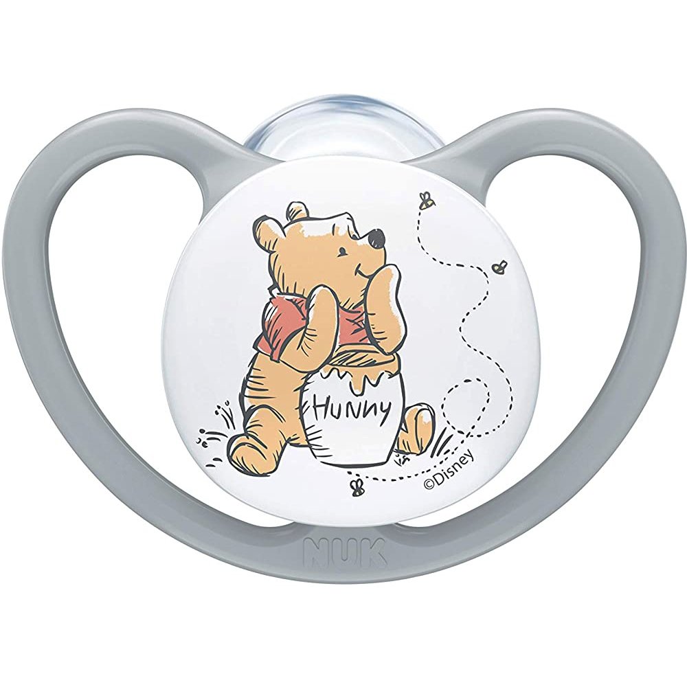 Nuk Space Disney Baby Winnie the Pooh Πιπίλα Σιλικόνης με Βελτιωμένο Πρωτοποριακό Σχήμα 1 Τεμάχιο – 0-6 Μηνών Γκρι