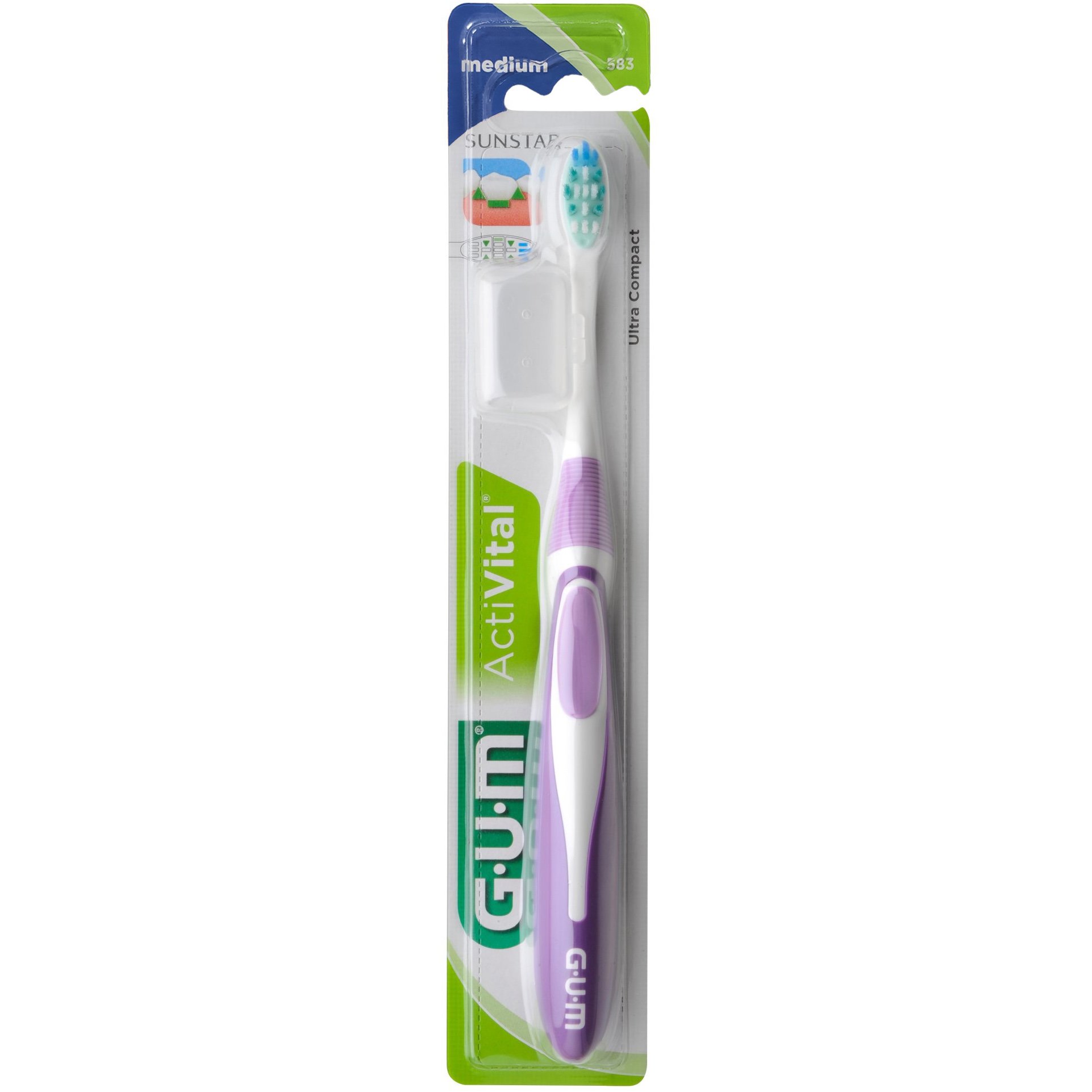 Gum ActiVital Compact Medium (583) Οδοντόβουρτσα Μεσαίας Σκληρότητας με Θήκη Προστασίας 1 Τεμάχιο – μωβ