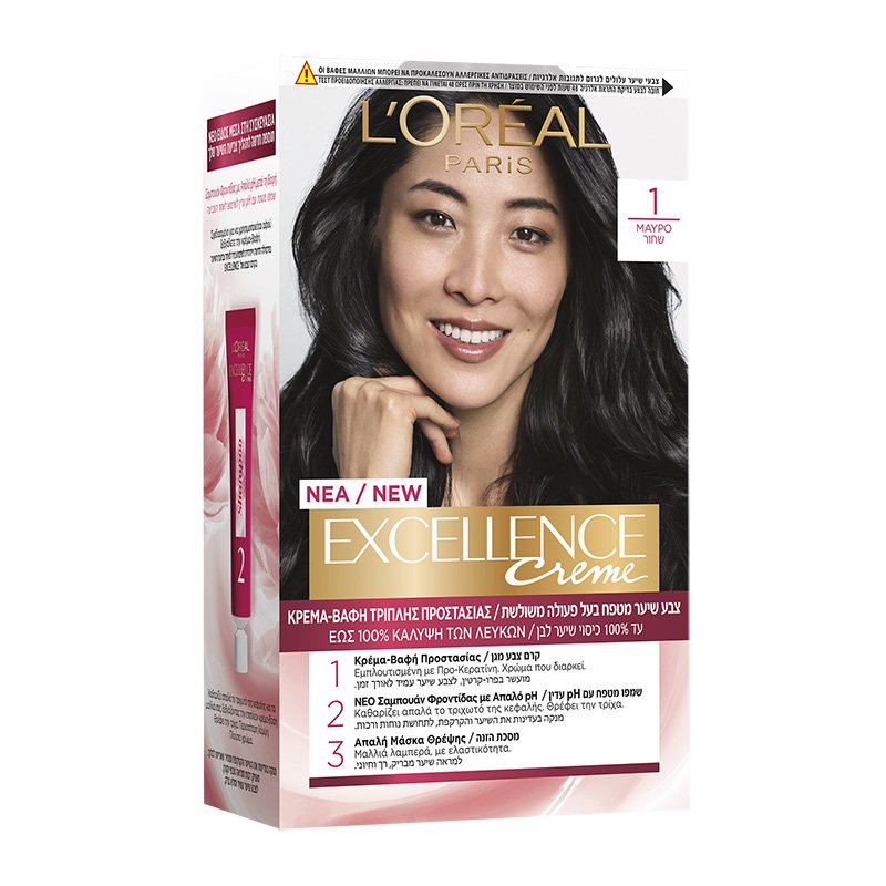 L’oreal Paris Excellence Creme Permanent Hair Color Kit Μόνιμη Κρέμα Βαφή Μαλλιών με Τριπλή Προστασία & Κάλυψη των Λευκών 1 Τεμάχιο – 1 Μαύρο
