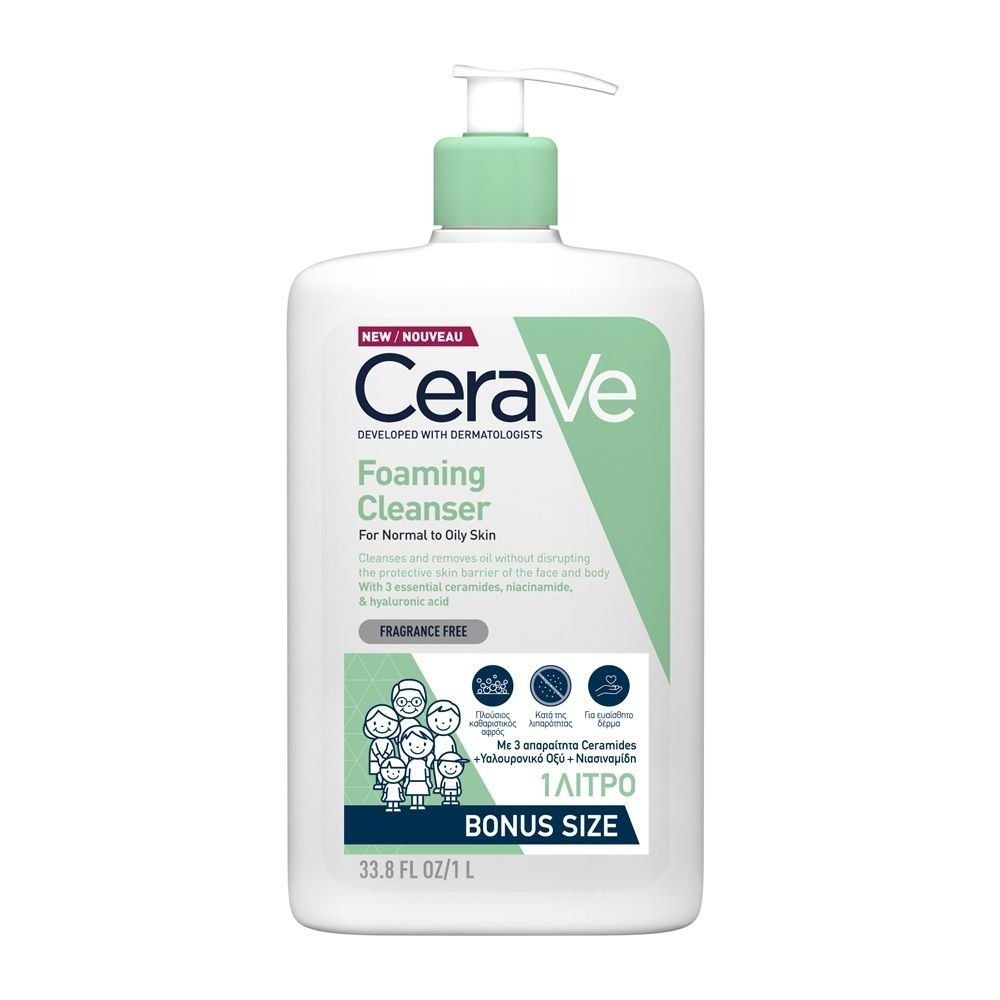 Cerave CeraVe Foaming Cleanser Face & Body Gel for Normal to Oily Skin Αφρώδες Gel Καθαρισμού Προσώπου, Σώματος για Κανονική & Λιπαρή Επιδερμίδα 1Lt