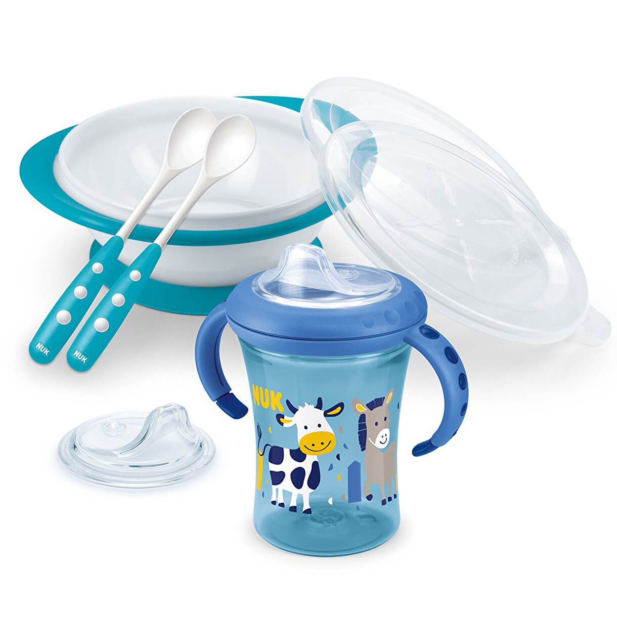Nuk Learn to Eat Set Σετ Εκμάθησης Φαγητού Περιλαμβάνει Κύπελλο με Λαβές 220ml Μπολ Φαγητού, 2 Κουταλάκια 1 Ανταλλακτικό Ρύγχος – μπλέ