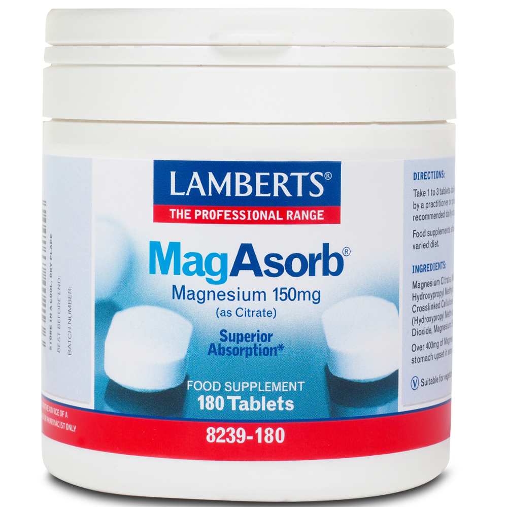 Lamberts MagAsorb Magnesium 150mg Συμπλήρωμα Διατροφής για την Ανάπτυξη των Οστών & τη Σωστή Λειτουργία του Νευρικού Συστήματος & των Μυών tabs – 180 tabs