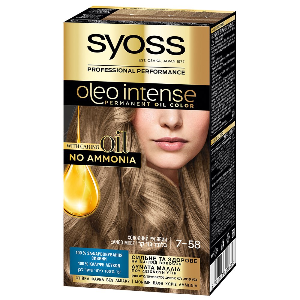 Syoss Oleo Intense Permanent Oil Hair Color Kit Επαγγελματική Μόνιμη Βαφή Μαλλιών για Εξαιρετική Κάλυψη & Έντονο Χρώμα που Διαρκεί, Χωρίς Αμμωνία 1 Τεμάχιο – 7-58 Ξανθό Μπεζ