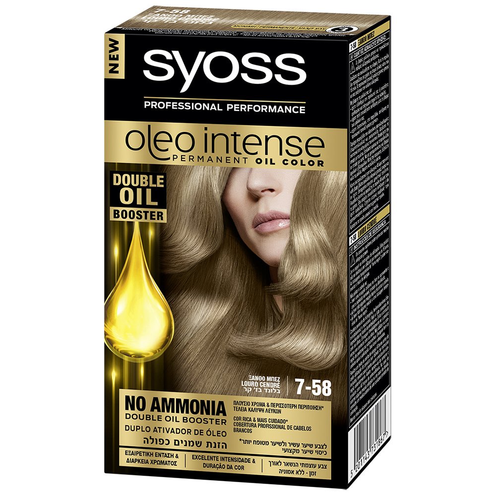 Syoss Oleo Επαγγελματική Μόνιμη Κρέμα Βαφή με Έλαια, Χωρίς Αμμωνία, Εξαιρετική Κάλυψη & Ένταση στο Χρώμα που Διαρκεί – 7-58 Ξανθό Μπεζ