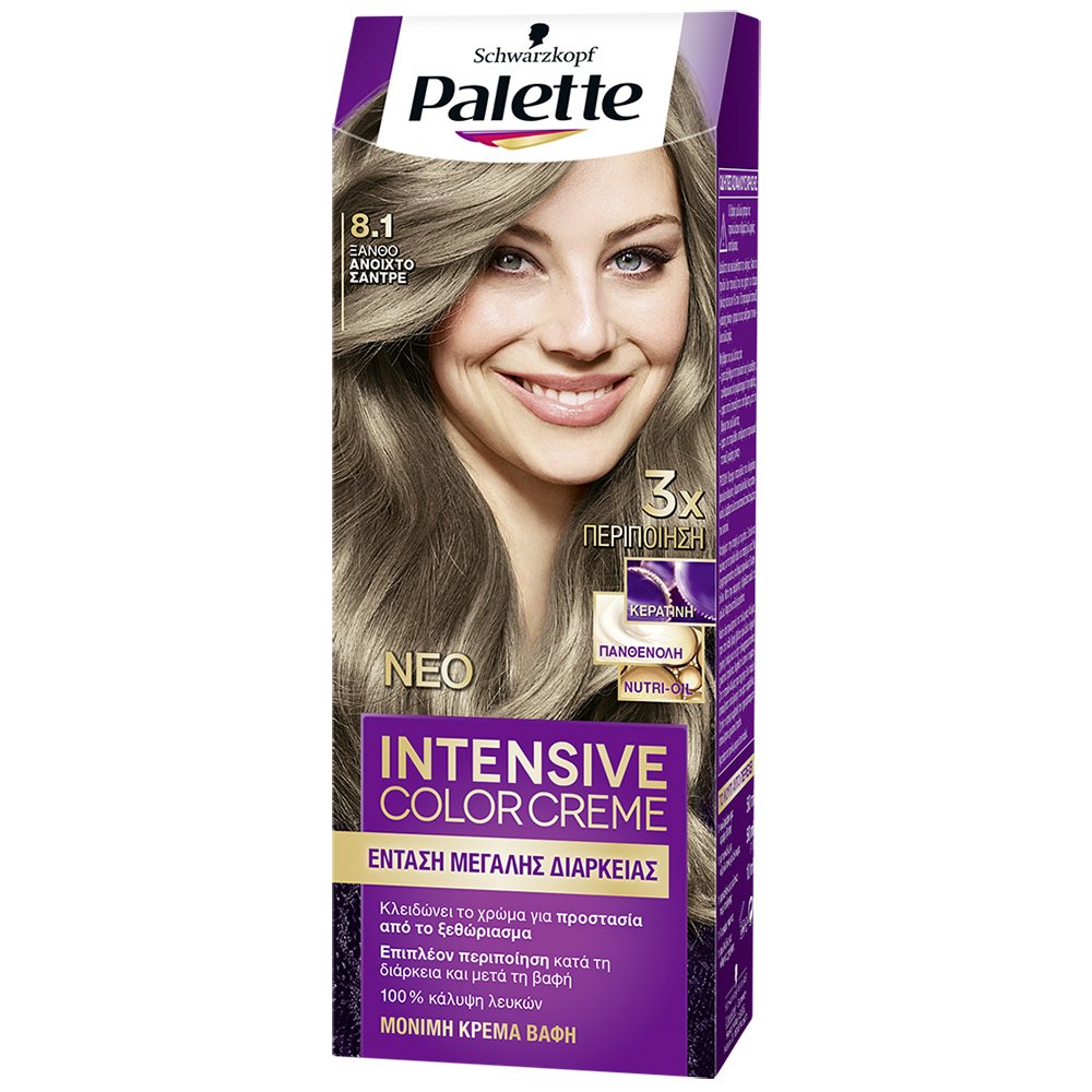 Schwarzkopf Palette Intensive Hair Color Creme Kit Μόνιμη Κρέμα Βαφή Μαλλιών για Έντονο Χρώμα Μεγάλης Διάρκειας & Περιποίηση 1 Τεμάχιο – 8.1 Ξανθό Ανοιχτό Σαντρέ