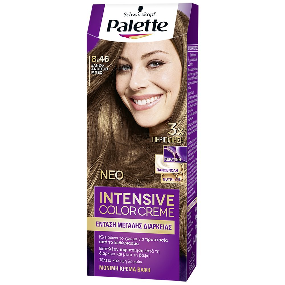 Schwarzkopf Palette Intensive Color Creme Επαγγελματική Μόνιμη Κρέμα Βαφή Μαλλιών, Απόλυτη Κάλυψη & Αποτέλεσμα Διάρκειας – 8.46 Ξανθό Ανοιχτό Μπεζ
