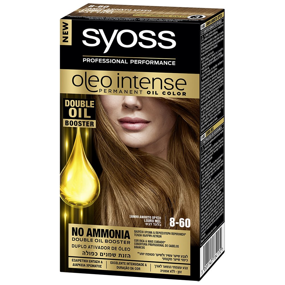 Syoss Oleo Επαγγελματική Μόνιμη Κρέμα Βαφή με Έλαια, Χωρίς Αμμωνία, Εξαιρετική Κάλυψη & Ένταση στο Χρώμα που Διαρκεί – 8-60 Ξανθό Ανοιχτό Χρυσό