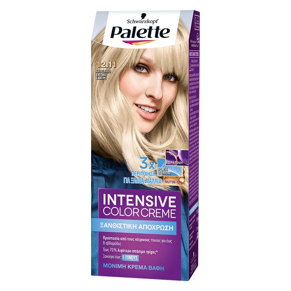 Schwarzkopf Palette Intensive Color Creme Επαγγελματική Μόνιμη Κρέμα Βαφή Μαλλιών, Απόλυτη Κάλυψη & Αποτέλεσμα Διάρκειας – 12.11 Κατάξανθο Έντονο Σαντρέ