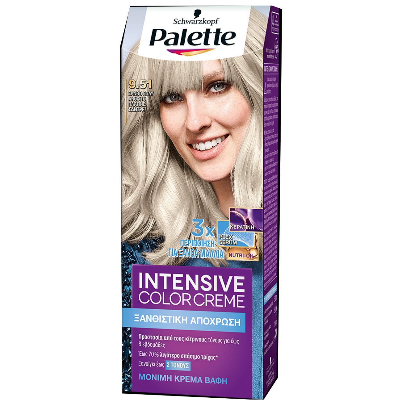 Schwarzkopf Palette Intensive Hair Color Creme Kit Μόνιμη Κρέμα Βαφή Μαλλιών για Έντονο Χρώμα Μεγάλης Διάρκειας & Περιποίηση 1 Τεμάχιο – 9.51 Ξανθό Πολύ Ανοιχτό Πλατινέ Σαντρέ