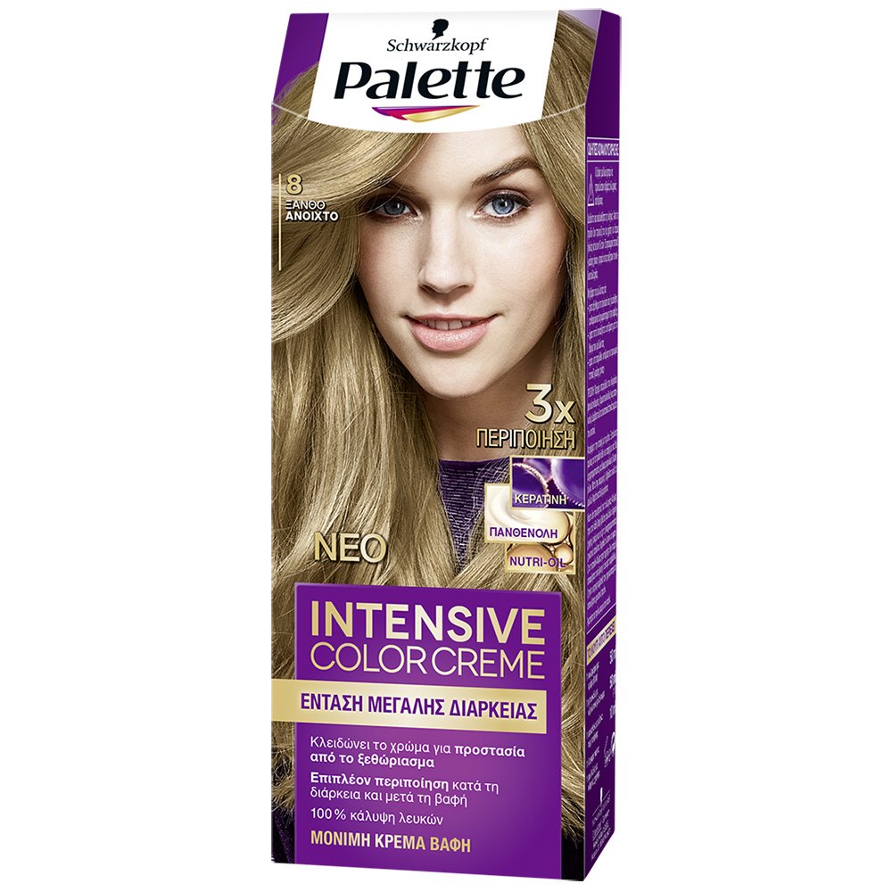 Schwarzkopf Palette Intensive Color Creme Επαγγελματική Μόνιμη Κρέμα Βαφή Μαλλιών, Απόλυτη Κάλυψη & Αποτέλεσμα Διάρκειας – 8 Ξανθό Ανοιχτό