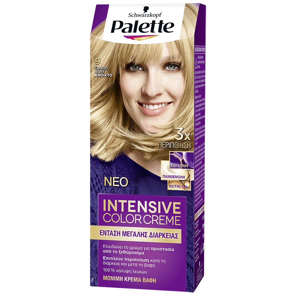 Schwarzkopf Palette Intensive Hair Color Creme Kit Μόνιμη Κρέμα Βαφή Μαλλιών για Έντονο Χρώμα Μεγάλης Διάρκειας & Περιποίηση 1 Τεμάχιο – 9 Ξανθό Πολύ Ανοιχτό