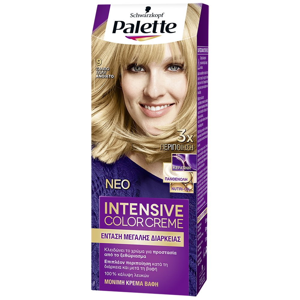 Schwarzkopf Palette Intensive Hair Color Creme Kit Μόνιμη Κρέμα Βαφή Μαλλιών για Έντονο Χρώμα Μεγάλης Διάρκειας & Περιποίηση 1 Τεμάχιο – 9 Ξανθό Πολύ Ανοιχτό