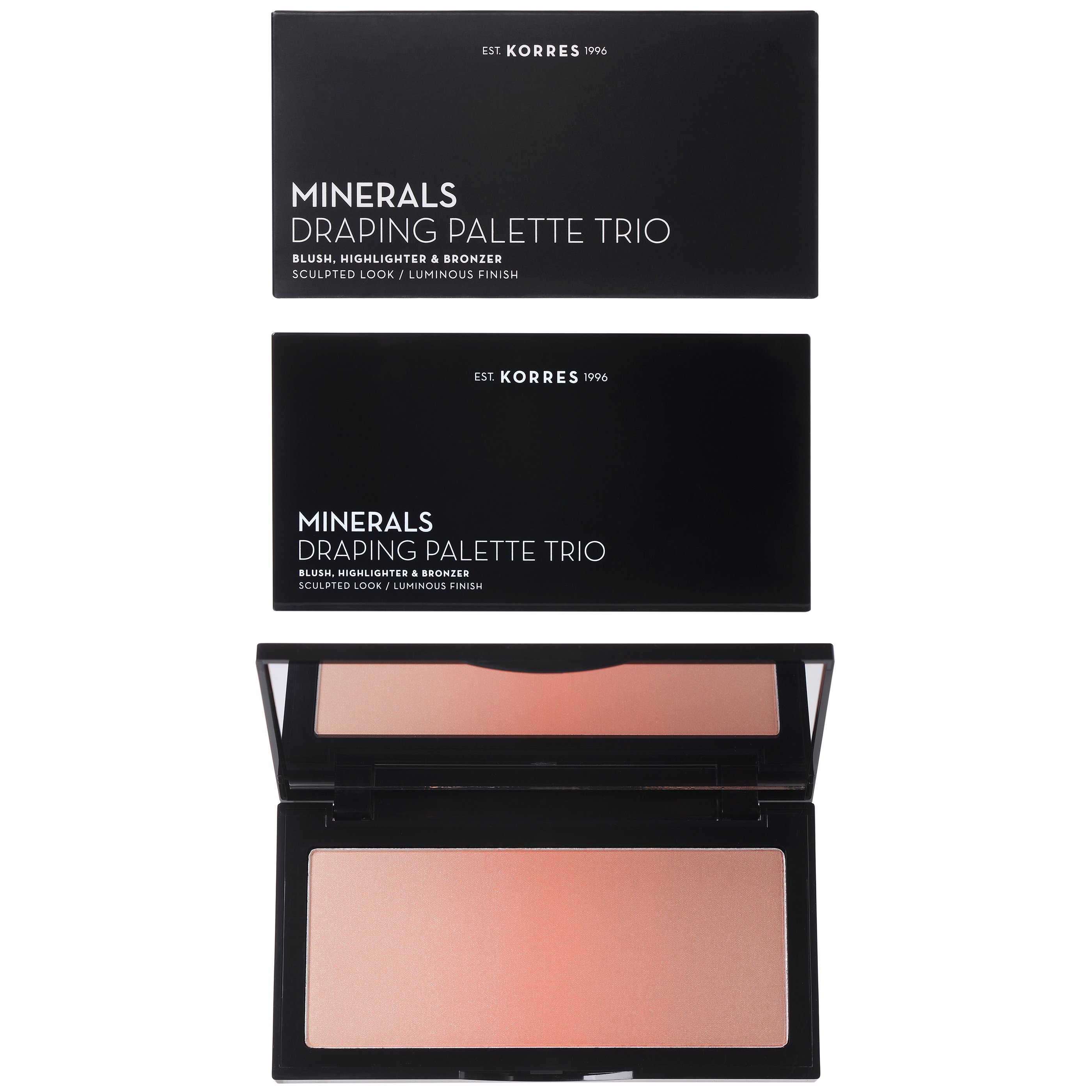 Korres Minerals Draping Palette Trio Blush, Highlighter, Bronzer Παλέτα Τριών Αποχρώσεων, Σμιλευμένη Όψη-Λαμπερό Τελείωμα 21g – Coral Palette