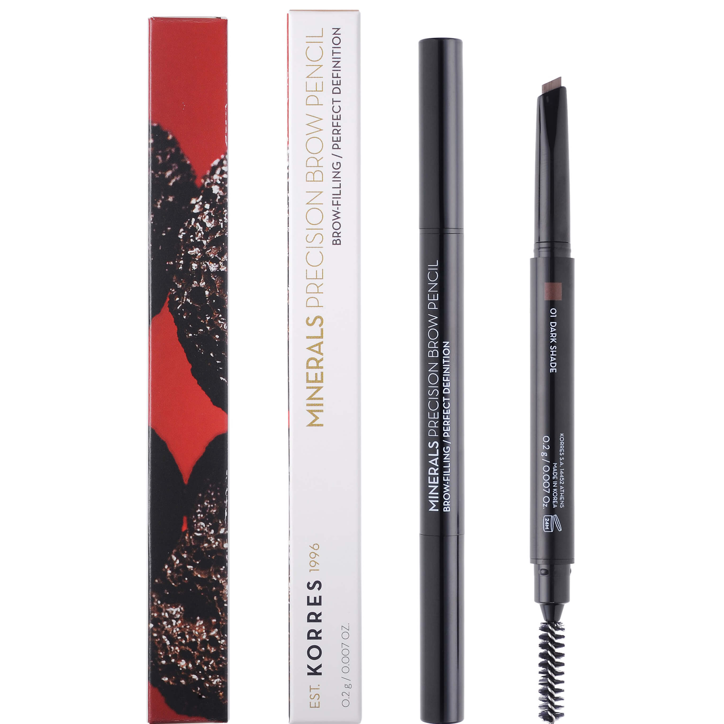 Korres Minerals Precision EyeBrow Pencil Μολύβι Φρυδιών 2 Όψεων για Φυσικό ή Έντονο Αποτέλεσμα 0.2gr – 01 Dark Shade