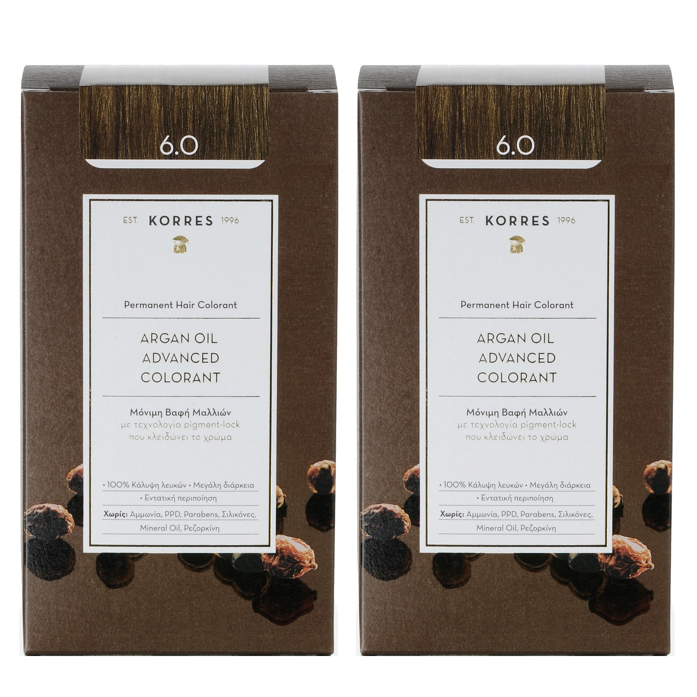Korres Πακέτο Προσφοράς Argan Oil Advanced Colorant Μόνιμη Βαφή Μαλλιών με Τεχνολογία Pigment-Lock Promo -50% στο Δεύτερο Προϊόν – 6.0 ΞΑΝΘΟ ΣΚΟΥΡΟ