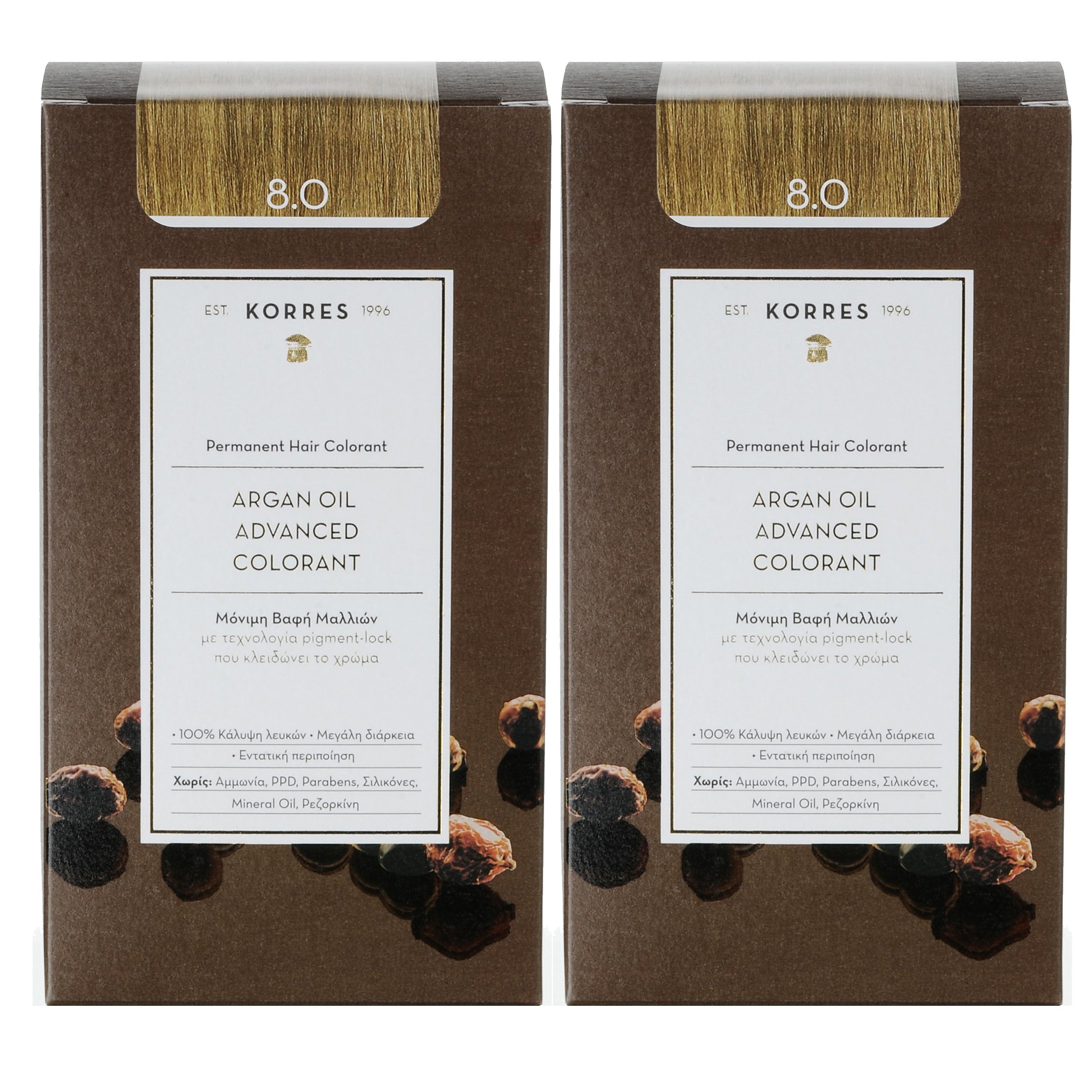 Korres Πακέτο Προσφοράς Argan Oil Advanced Colorant Μόνιμη Βαφή Μαλλιών με Τεχνολογία Pigment-Lock Promo -50% στο Δεύτερο Προϊόν – 8.0 ΞΑΝΘΟ ΑΝΟΙΚΤΟ