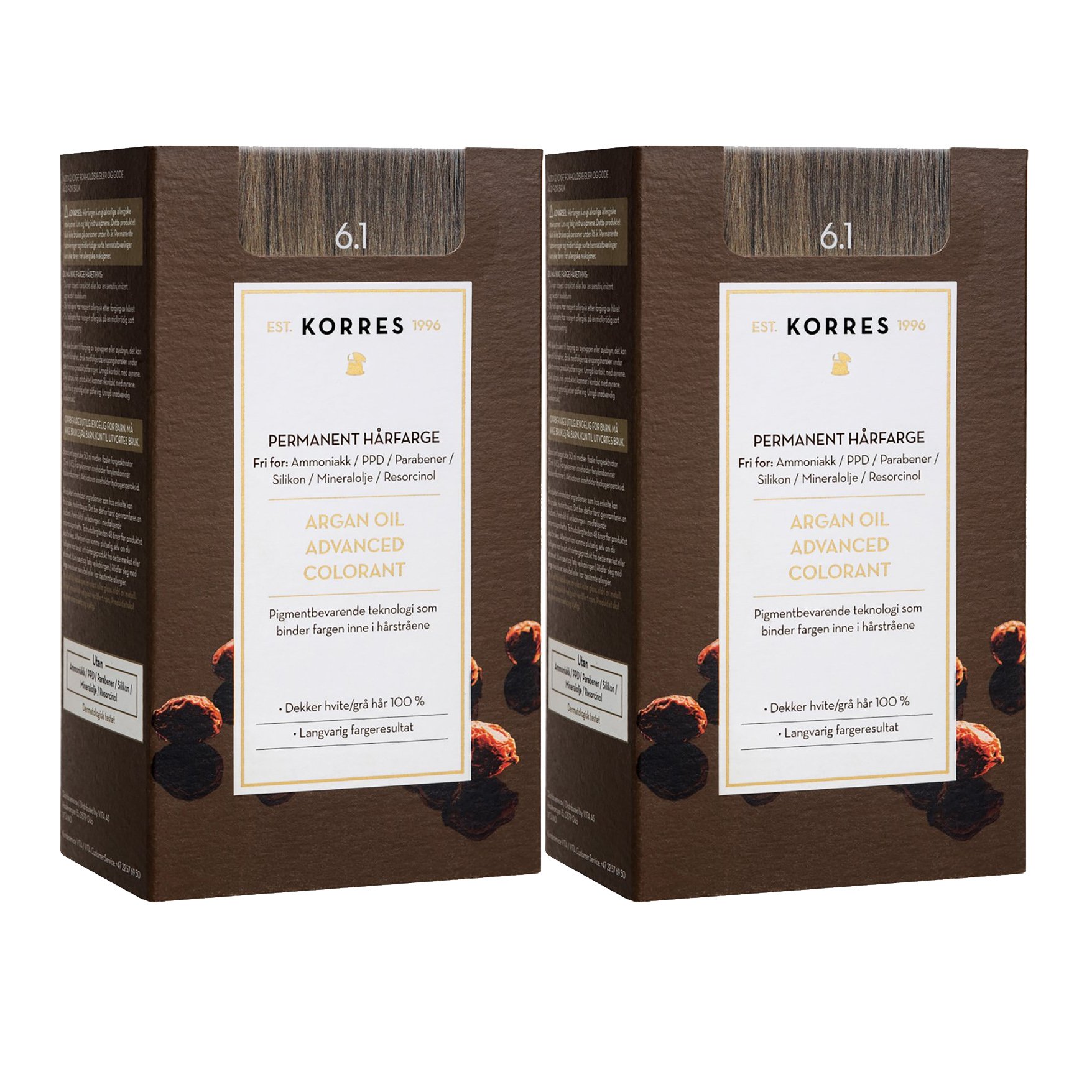 Korres Πακέτο Προσφοράς Argan Oil Advanced Colorant Μόνιμη Βαφή Μαλλιών με Τεχνολογία Pigment-Lock Promo -50% στο Δεύτερο Προϊόν – 6.1 ΞΑΝΘΟ ΣΚΟΥΡΟ ΣΑΝΤΡΕ