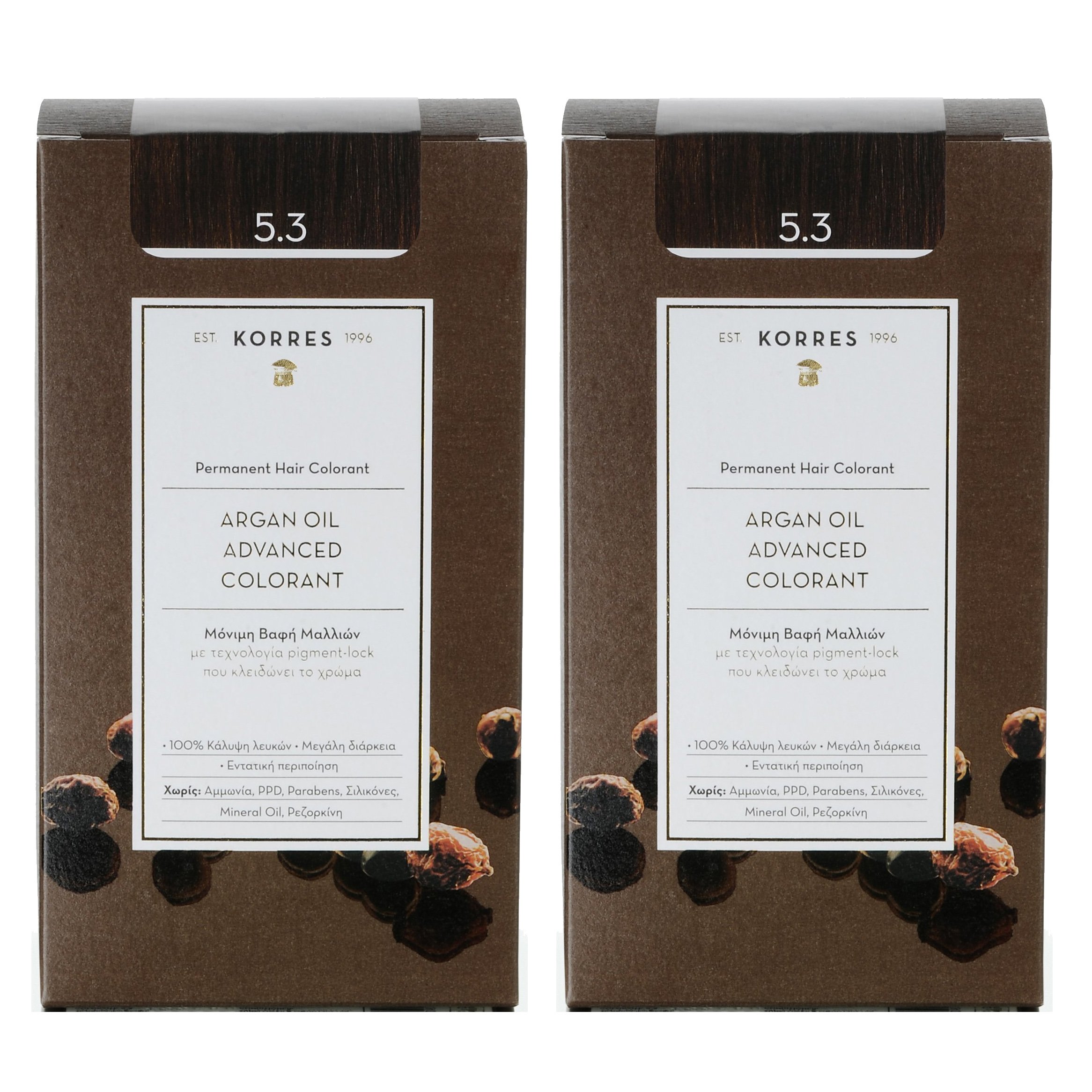 Korres Πακέτο Προσφοράς Argan Oil Advanced Colorant Μόνιμη Βαφή Μαλλιών με Τεχνολογία Pigment-Lock Promo -50% στο Δεύτερο Προϊόν – 5.3 ΚΑΣΤΑΝΟ ΑΝΟΙΧΤΟ ΜΕΛΙ
