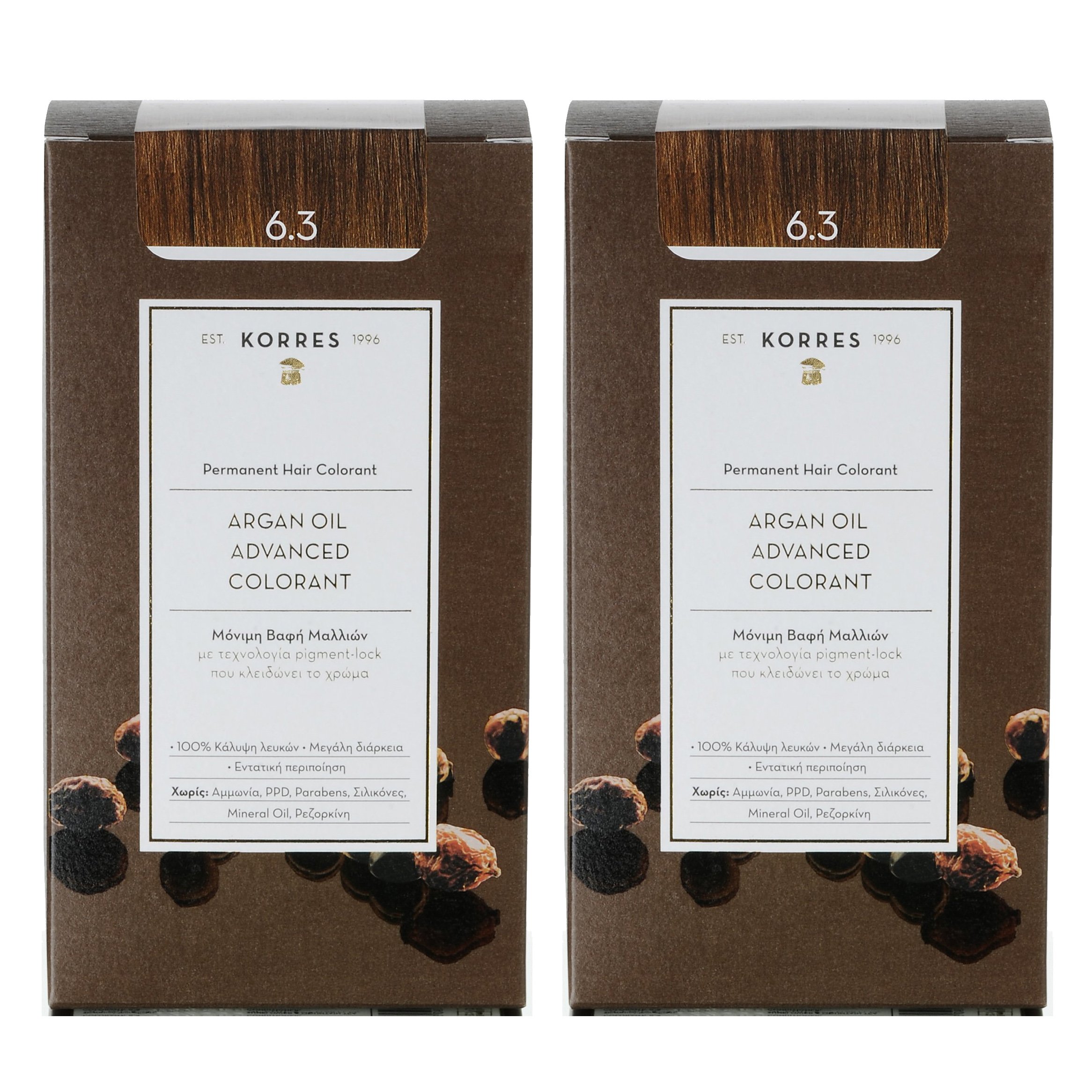 Korres Πακέτο Προσφοράς Argan Oil Advanced Colorant Μόνιμη Βαφή Μαλλιών με Τεχνολογία Pigment-Lock Promo -50% στο Δεύτερο Προϊόν – 6.3 ΞΑΝΘΟ ΣΚΟΥΡΟ ΜΕΛΙ