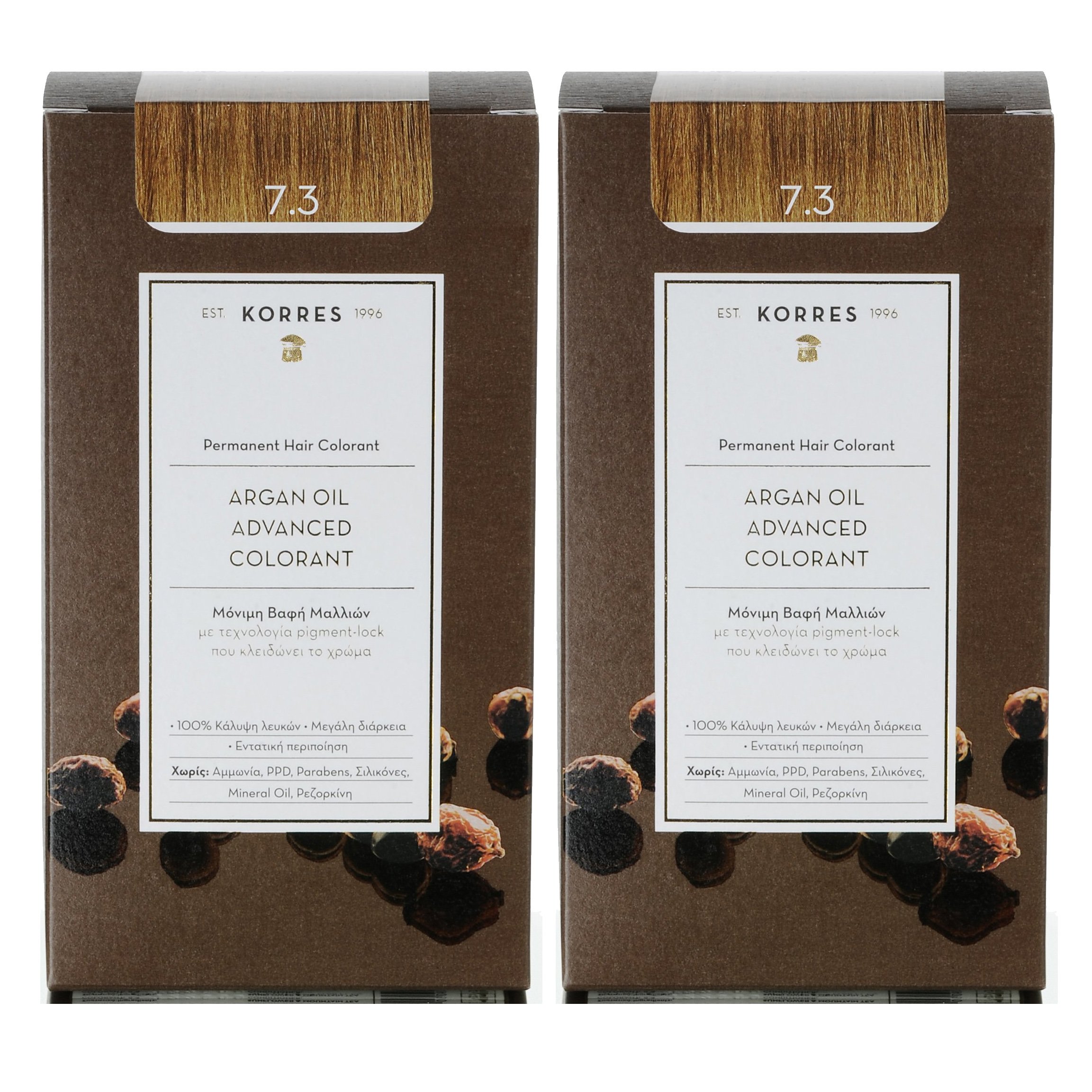 Korres Πακέτο Προσφοράς Argan Oil Advanced Colorant Μόνιμη Βαφή Μαλλιών με Τεχνολογία Pigment-Lock Promo -50% στο Δεύτερο Προϊόν – 7.3 ΞΑΝΘΟ ΜΕΛΙ