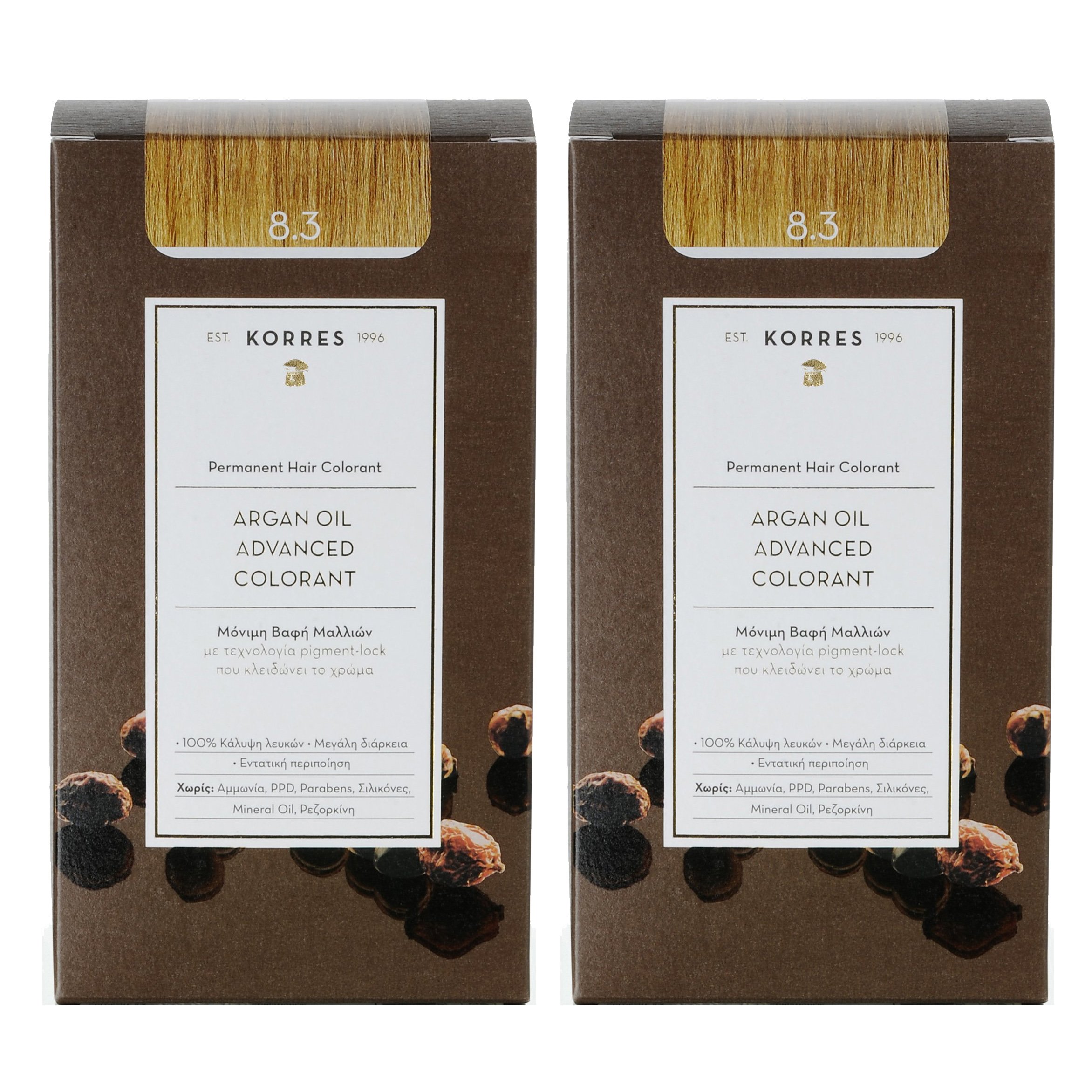 Korres Πακέτο Προσφοράς Argan Oil Advanced Colorant Μόνιμη Βαφή Μαλλιών με Τεχνολογία Pigment-Lock Promo -50% στο Δεύτερο Προϊόν – 8.3 ΞΑΝΘΟ ΑΝΟΙΧΤΟ ΜΕΛΙ