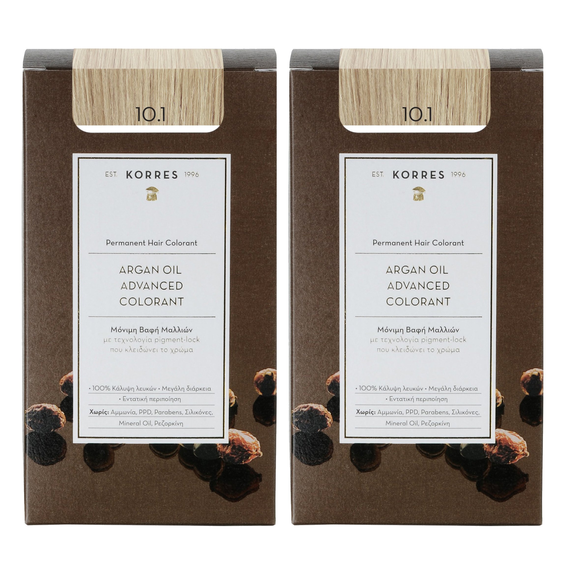 Korres Πακέτο Προσφοράς Argan Oil Advanced Colorant Μόνιμη Βαφή Μαλλιών με Τεχνολογία Pigment-Lock Promo -50% στο Δεύτερο Προϊόν – 10.1 Ξανθό Πλατίνας Σαντρέ