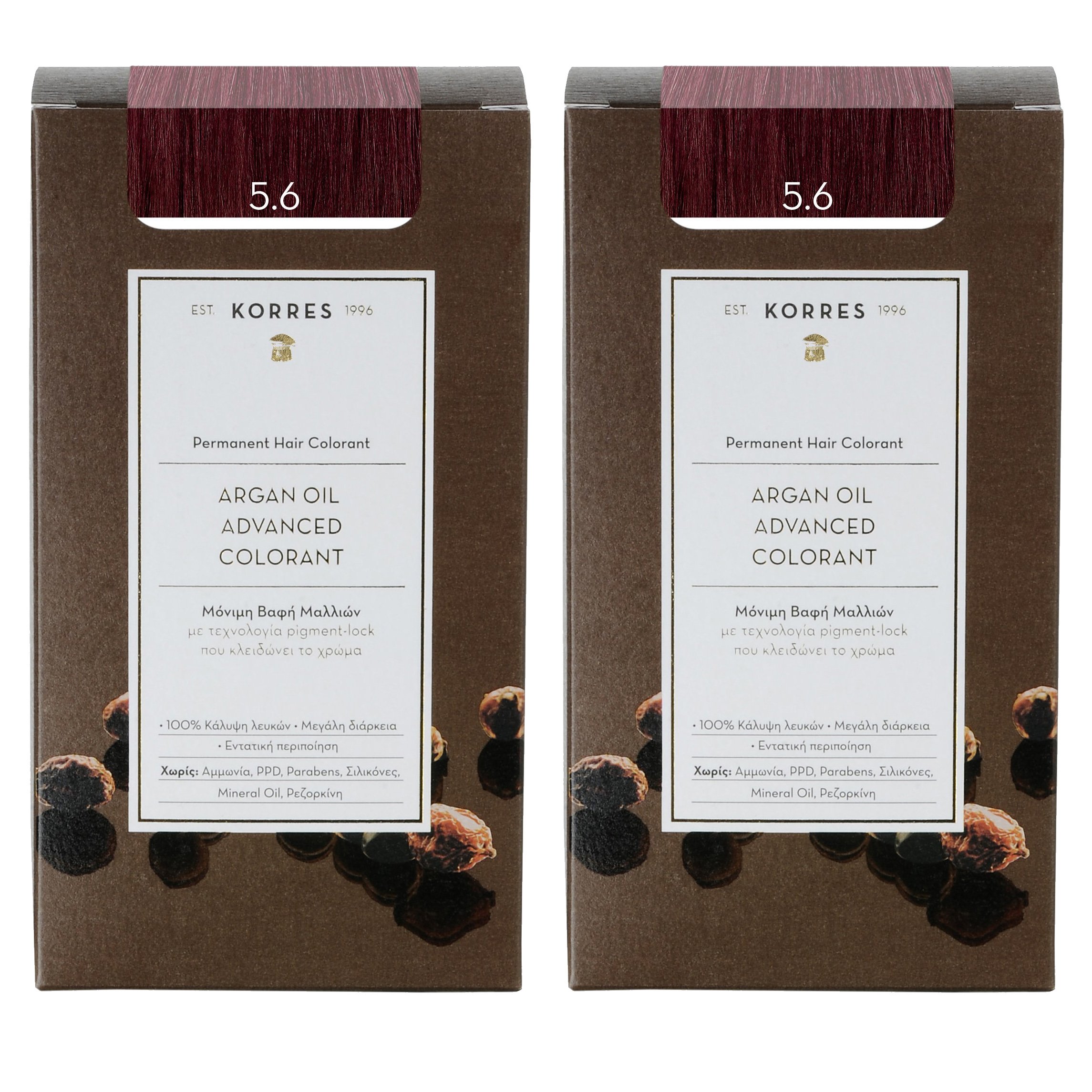 Korres Πακέτο Προσφοράς Argan Oil Advanced Colorant Μόνιμη Βαφή Μαλλιών με Τεχνολογία Pigment-Lock Promo -50% στο Δεύτερο Προϊόν – 5.6 Καστανό Ανοιχτό Κόκκινο