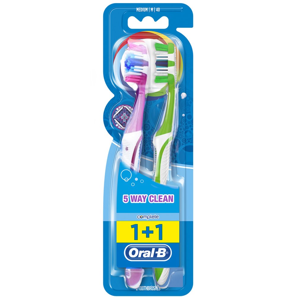 Oral-B Complete 5 Way Clean Medium Toothbrush 40mm Μωβ – Πράσινο Οδοντόβουρτσα με Μεσαίας Σκληρότητας Ίνες για Βαθύ Καθαρισμό 2 Τεμάχια