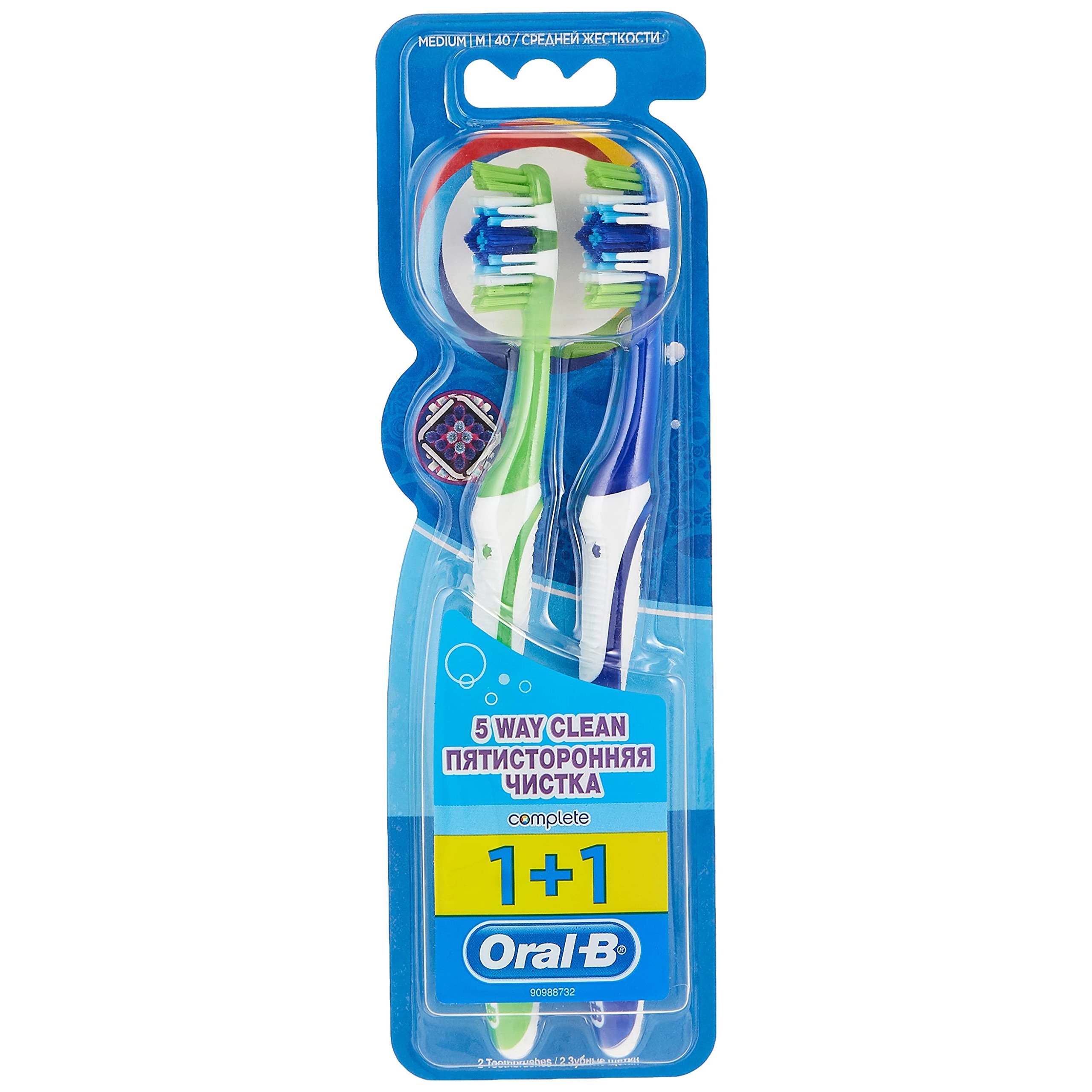 Oral-B Complete 5 Way Clean Medium Toothbrush 40mm Μπλε – Πράσινο Οδοντόβουρτσα με Μεσαίας Σκληρότητας Ίνες για Βαθύ Καθαρισμό 2 Τεμάχια