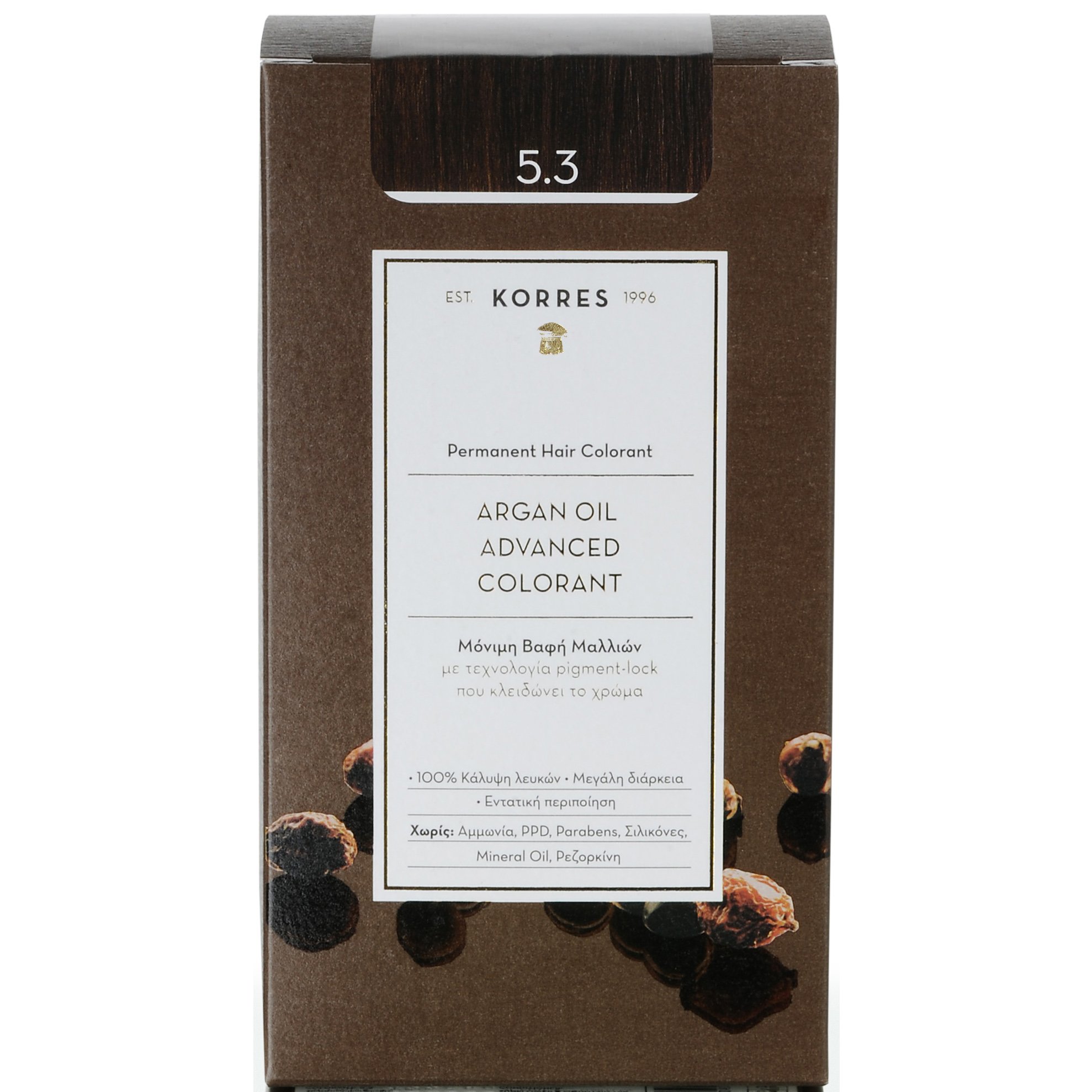 Korres Argan Oil Βαφή Μαλλιών Χωρίς Αμμωνία με Τεχνολογία Pigment-Lock που Κλειδώνει το Χρώμα 1 Τεμάχιο – 5.3 Καστανό Ανοιχτό Μελί