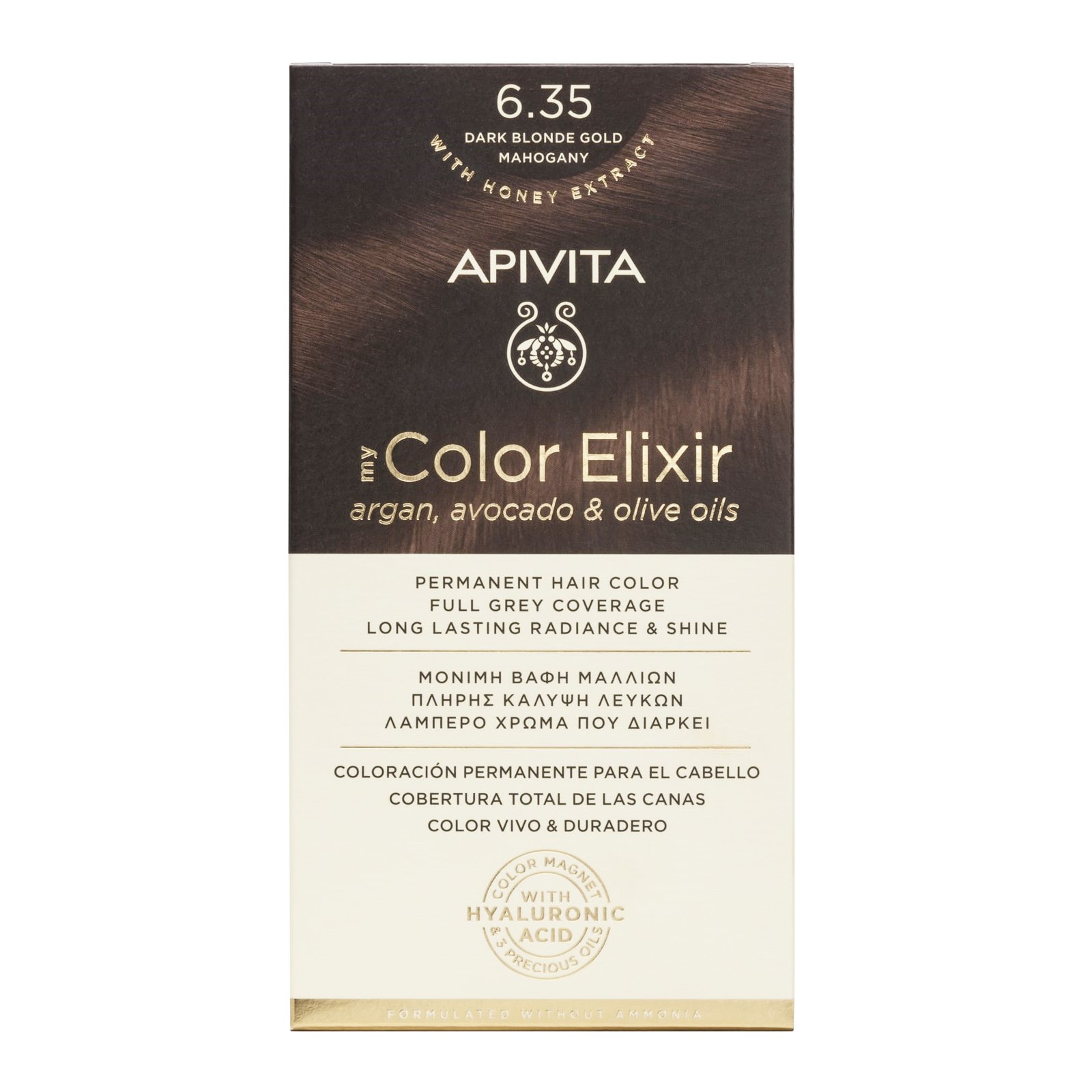 Apivita My Color Elixir Μόνιμη Βαφή Μαλλιών με Καινοτόμο Σύστημα Color Magnet που Σταθεροποιεί και Σφραγίζει το Χρώμα στην Τρίχα – N 6.35 ΞΑΝΘΟ ΣΚΟΥΡΟ ΜΕΛΙ ΜΑΟΝΙ