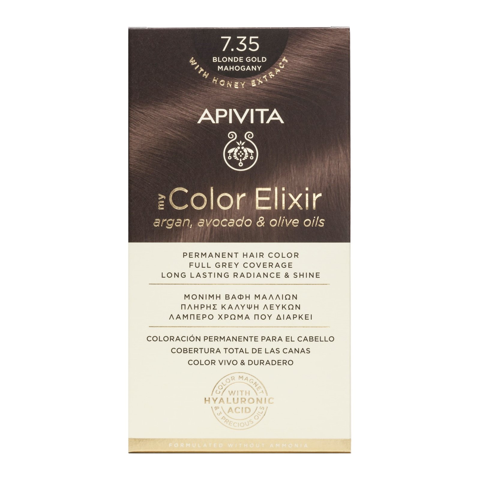 Apivita My Color Elixir Μόνιμη Βαφή Μαλλιών με Καινοτόμο Σύστημα Color Magnet που Σταθεροποιεί και Σφραγίζει το Χρώμα στην Τρίχα – N7.35 ΞΑΝΘΟ ΜΕΛΙ ΜΑΟΝΙ