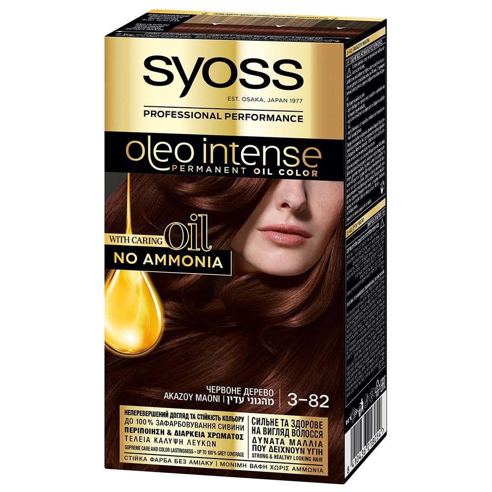 Syoss Oleo Intense Permanent Oil Hair Color Kit Επαγγελματική Μόνιμη Βαφή Μαλλιών για Εξαιρετική Κάλυψη & Έντονο Χρώμα που Διαρκεί, Χωρίς Αμμωνία 1 Τεμάχιο – 3-82 Ακαζού Μαονί