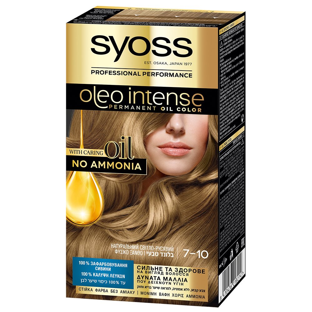 Syoss Oleo Intense Permanent Oil Hair Color Kit Επαγγελματική Μόνιμη Βαφή Μαλλιών για Εξαιρετική Κάλυψη & Έντονο Χρώμα που Διαρκεί, Χωρίς Αμμωνία 1 Τεμάχιο – 7-10 Φυσικό Ξανθό