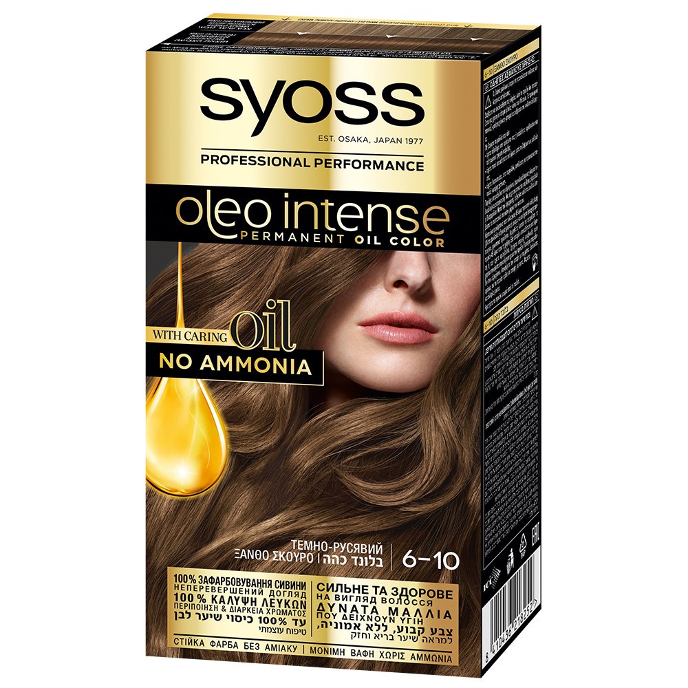 Syoss Oleo Intense Permanent Oil Hair Color Kit Επαγγελματική Μόνιμη Βαφή Μαλλιών για Εξαιρετική Κάλυψη & Έντονο Χρώμα που Διαρκεί, Χωρίς Αμμωνία 1 Τεμάχιο – 6-10 Ξανθό Σκούρο